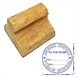 cheap rubber stamp - a circular wooden stamp with custom details measuring 42mm by 42mm